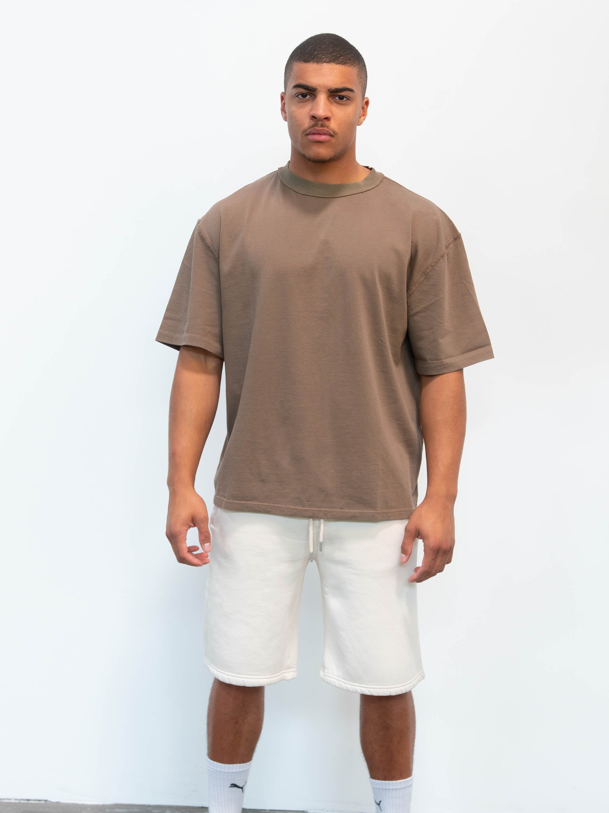 Front view of Model wearing Blank tee