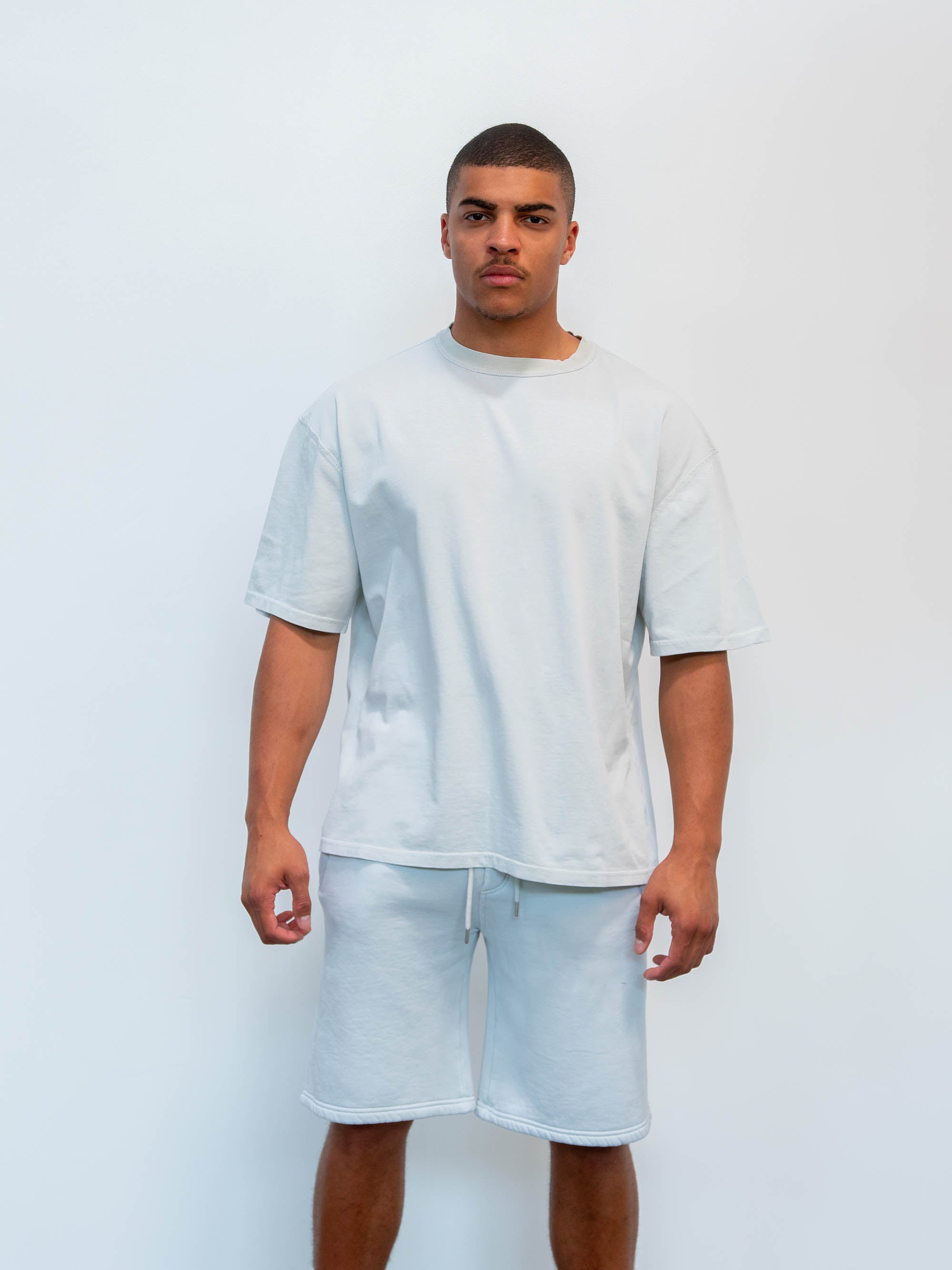 Front view of model wearing the blue blush blank tee