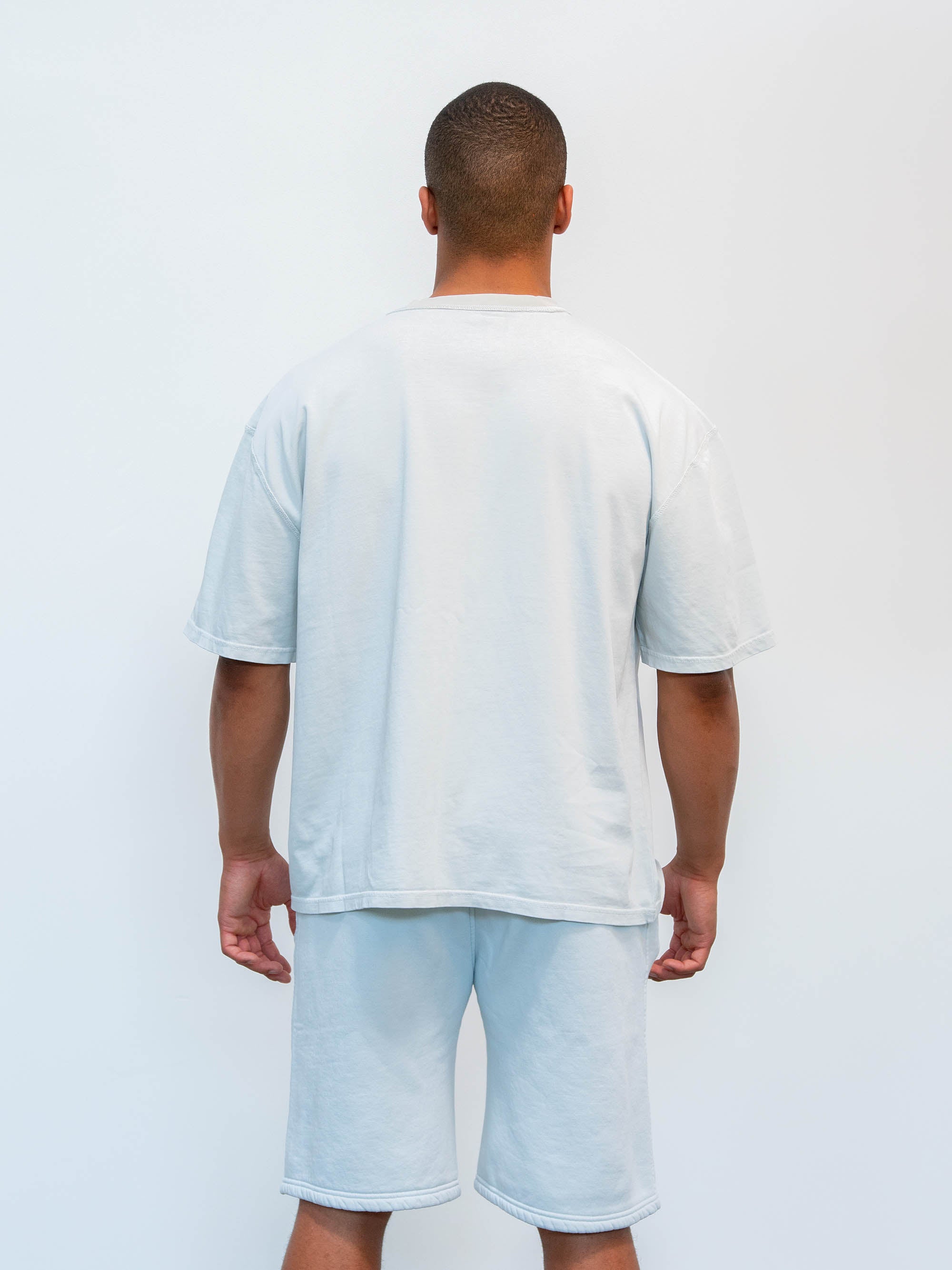 Back view of model wearing blank tshirt