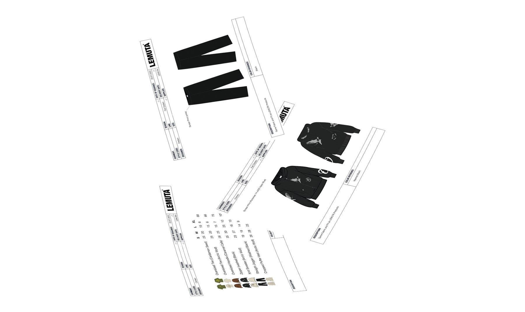 A hoodie and pant mockup for a manufacturer that shows the clothing details