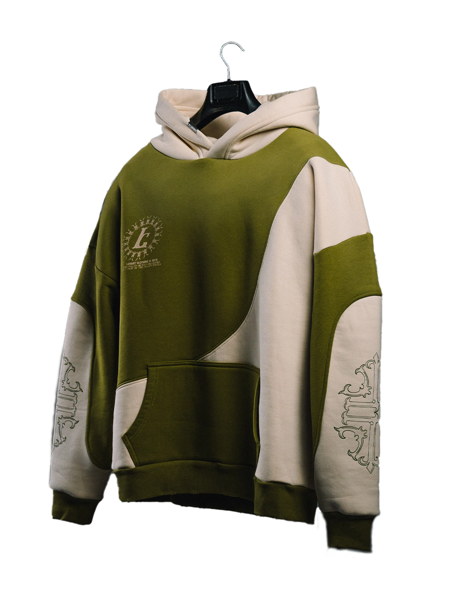 Custom streetwear hoodie with two patterns, screen print and metal tag on the hood manufactured by Lemuta
