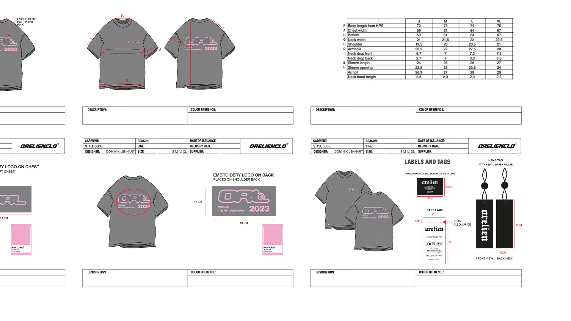 A Tech Pack with measurement details of an oversized tshirt with embroidery and custom labels and tags