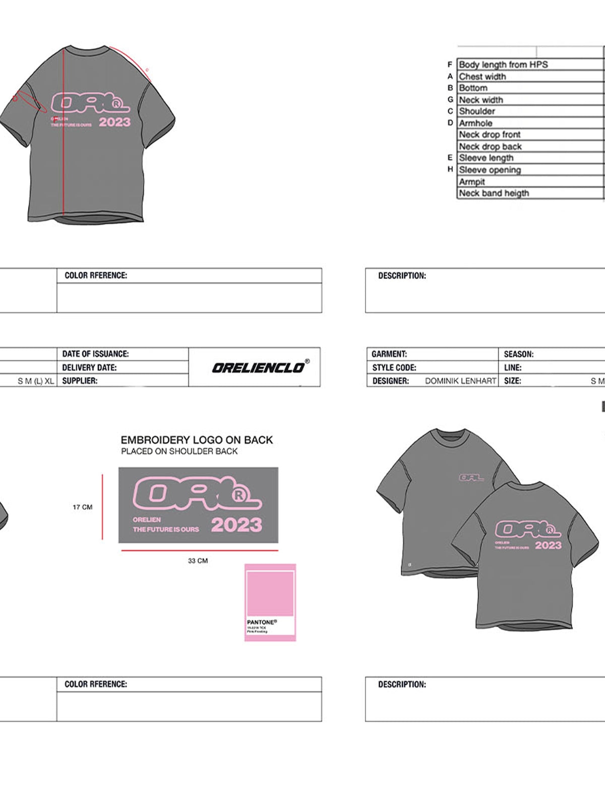 A Tech Pack with measurement details of an oversized tshirt with embroidery and custom labels and tags