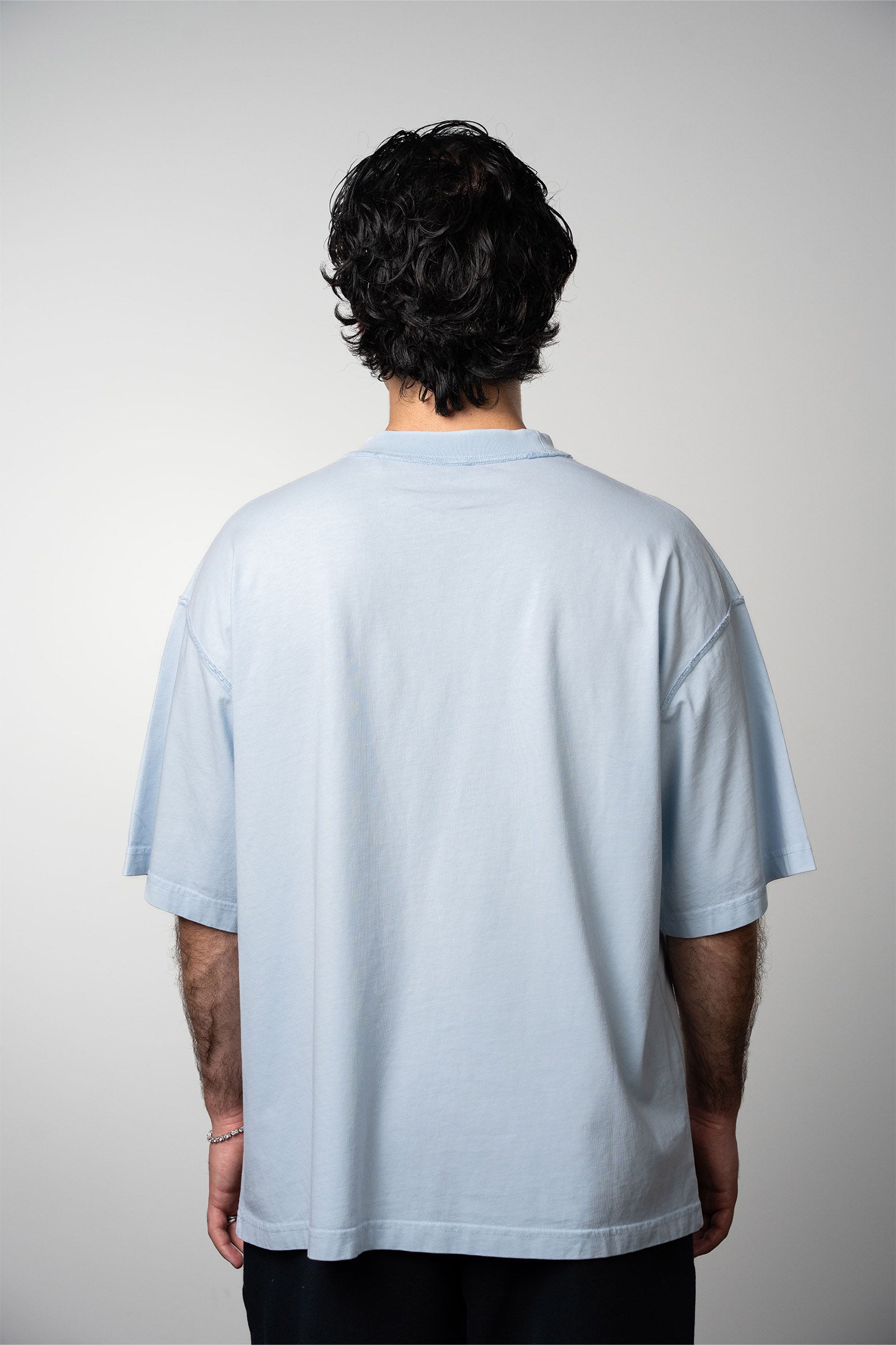 Back view of premium Blank tshirt in baby blue