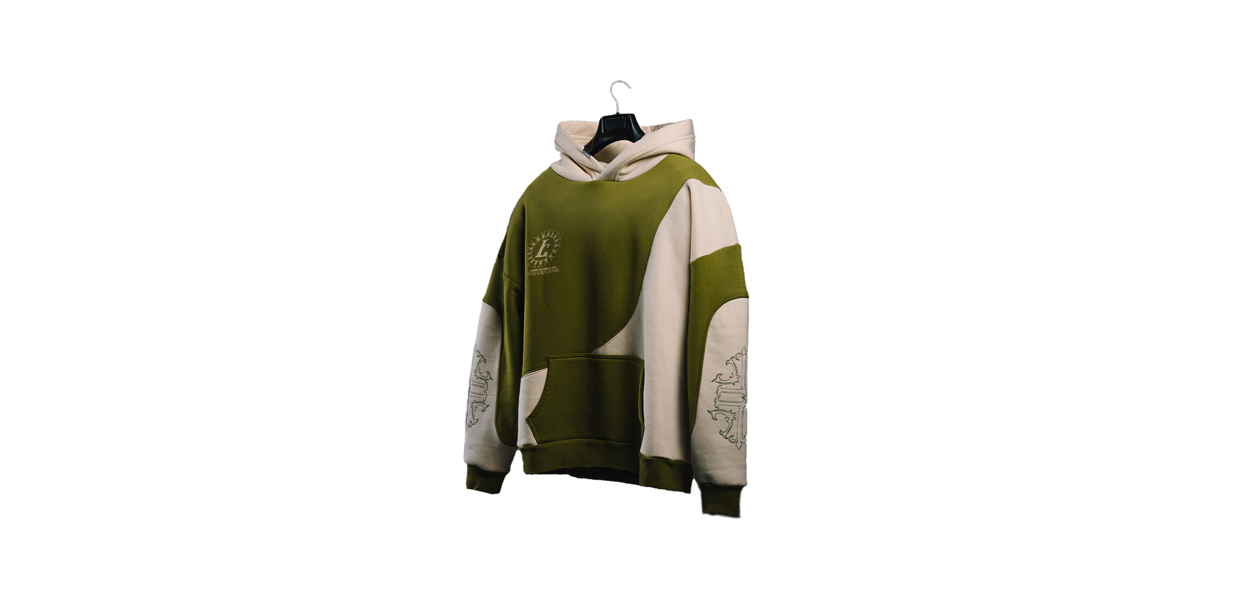 Custom streetwear hoodie with two patterns, screen print and metal tag on the hood